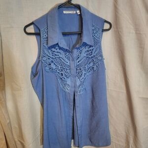 Blue Sleeveless Button-Up with Lace Detail